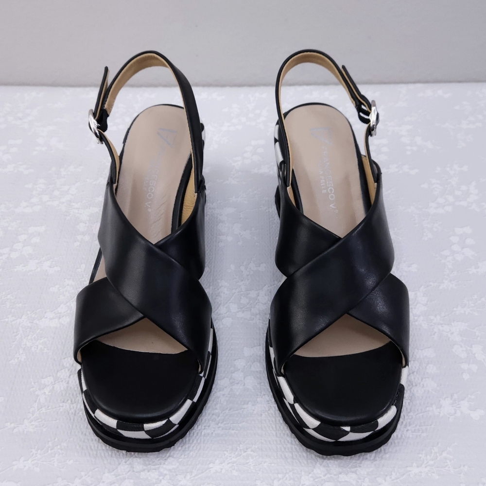 Black Check-Pattern Wedge Sandals *FIT SMALL* - Picture 6 of 12